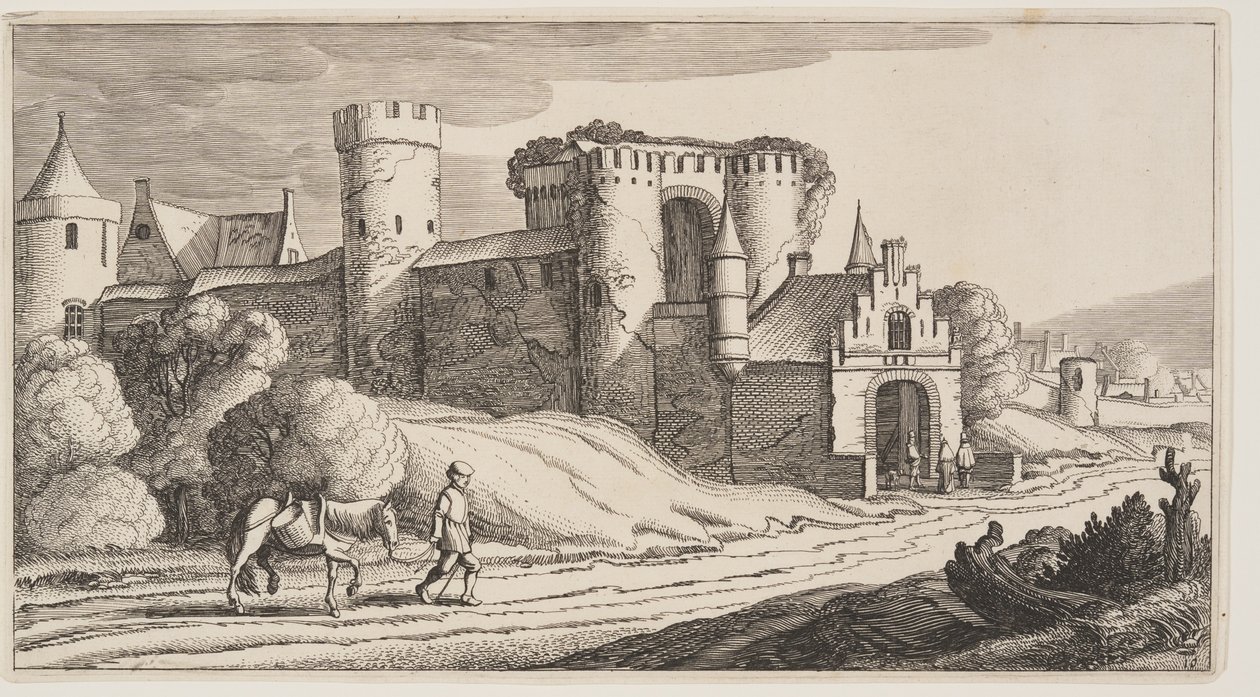 Um camponês com um cavalo numa estrada perto das muralhas da cidade, de Paisagens (Playsante Lantschappen) de Claes Jansz. Visscher II