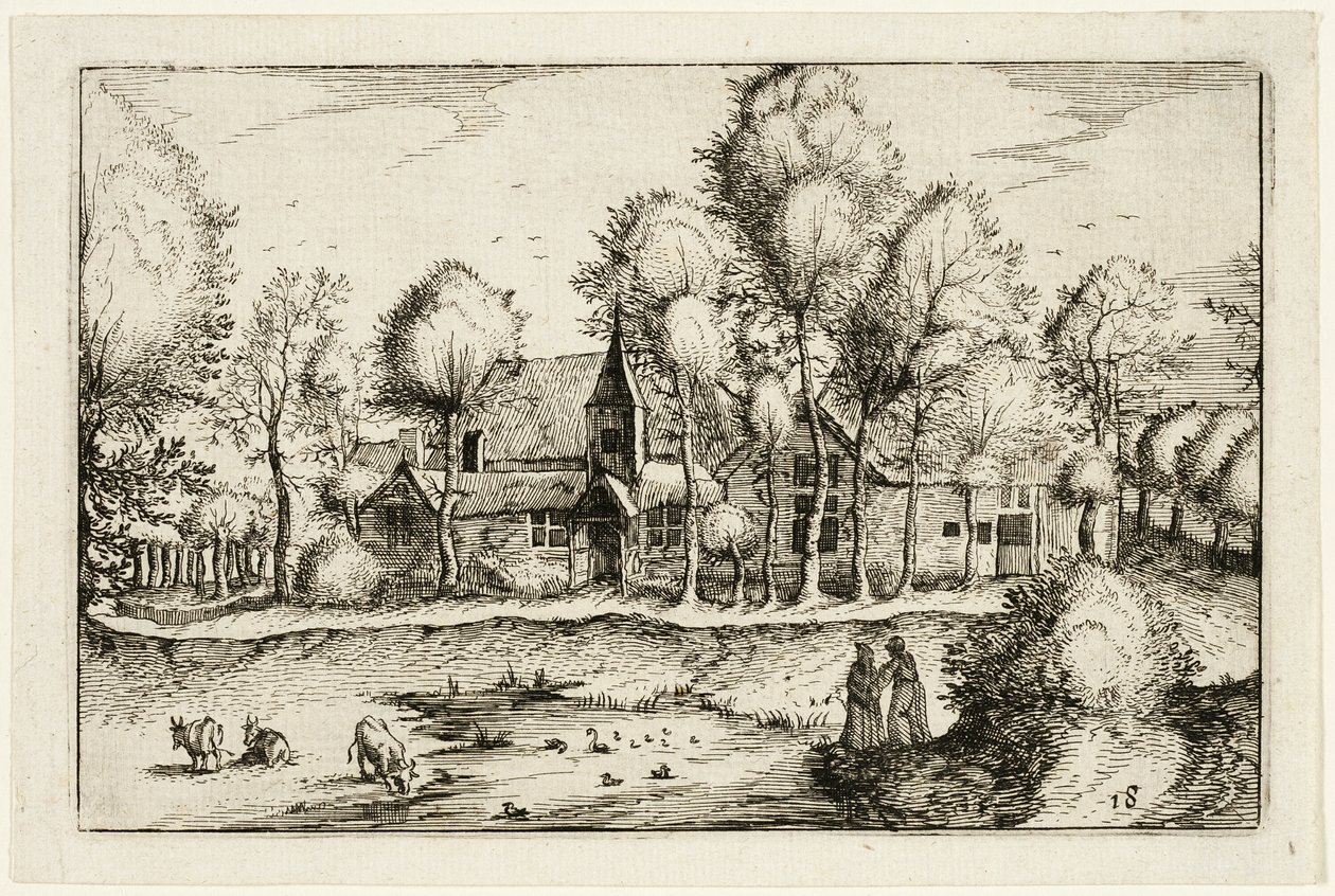 Uma lagoa, placa dezoito depois de Quadros de quintas, casas de campo e aldeias rústicas (Praediorum villarum et rusticarum casularum icones) de Claes Jansz. Visscher II