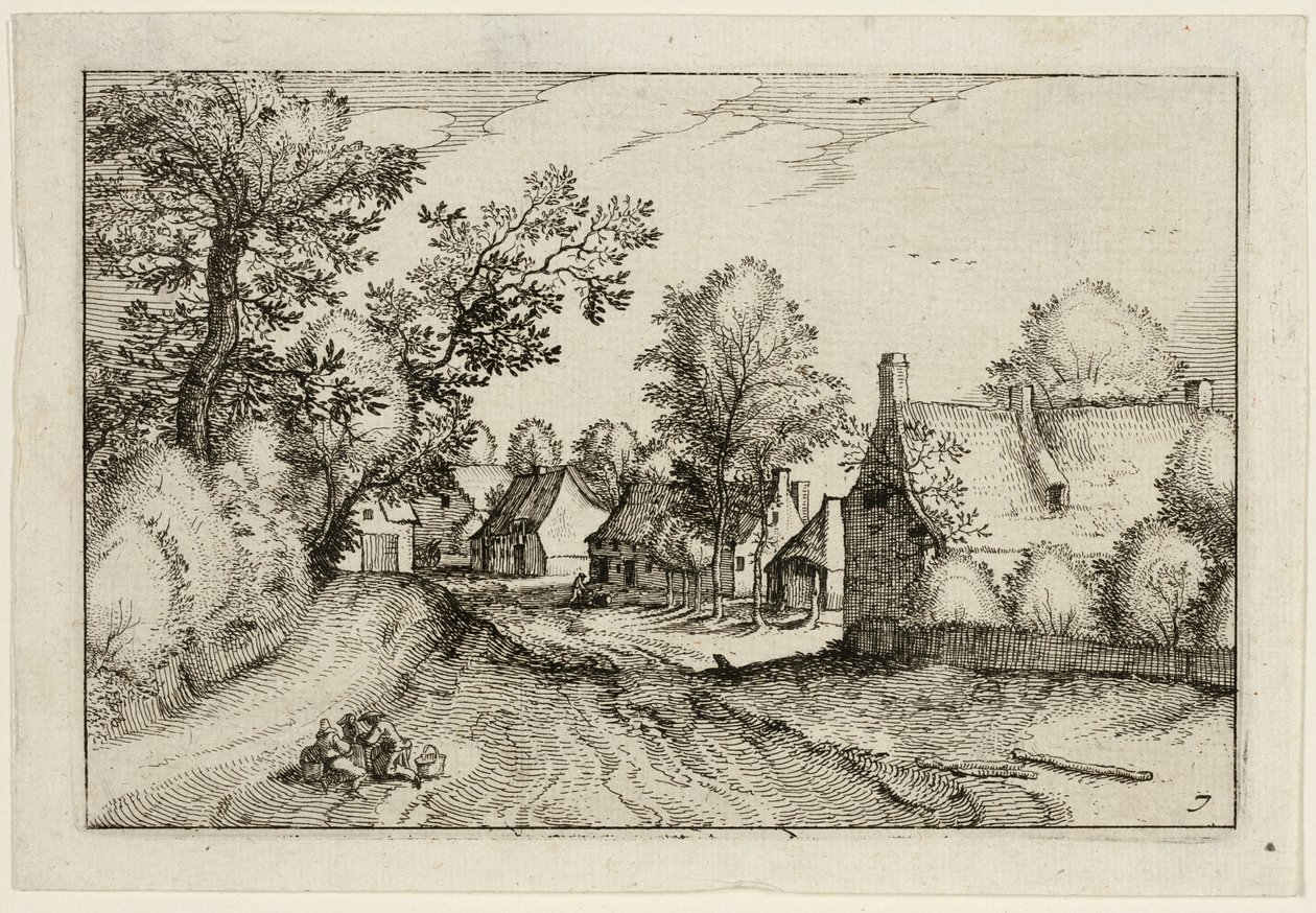 A Village Road, placa sete depois de Pictures of Farms, Country Houses and Rustic Villages (Praediorum villarum et rusticarum casularum icones) de Claes Jansz. Visscher II