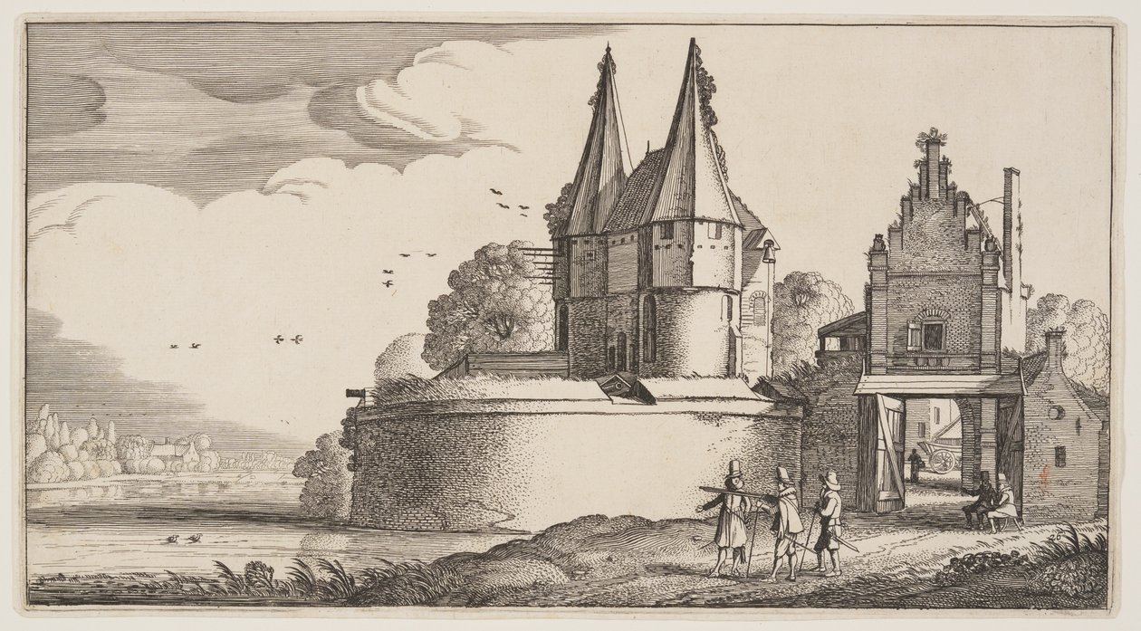 Baluarte e porta de cidade sobre um rio, de Paisagens (Playsante Lantschappen) de Claes Jansz. Visscher II