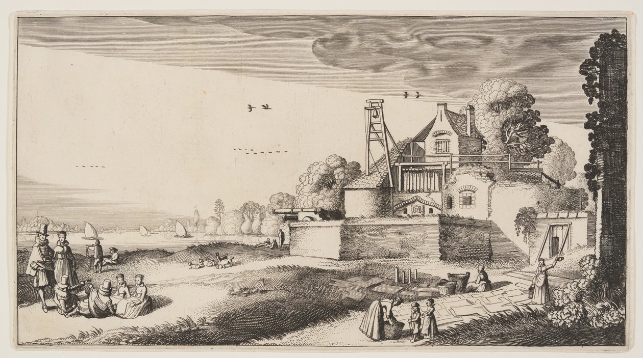 Campo de branqueamento em frente a um forte num rio, de Paisagens (Playsante Lantschappen) de Claes Jansz. Visscher II