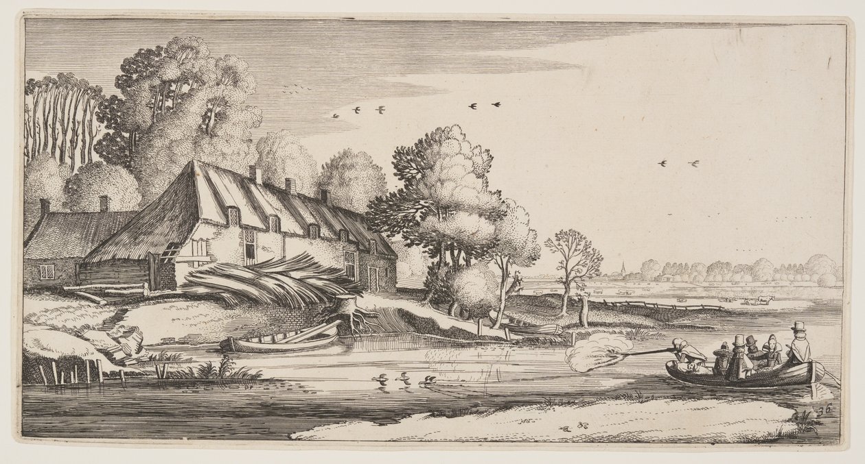 Tiro aos patos a partir de um barco a remos perto de uma quinta, de Paisagens (Playsante Lantschappen) de Claes Jansz. Visscher II