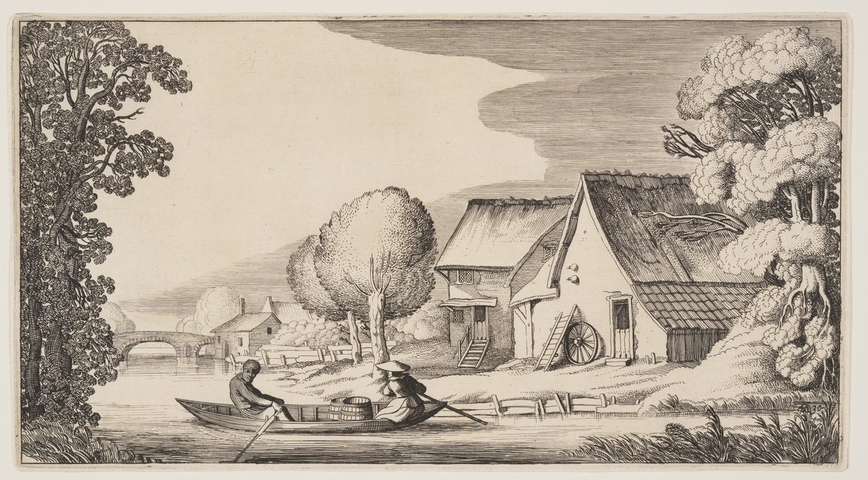 Agricultor e mulher agricultora num barco a remos, de Paisagens (Playsante Lantschappen) de Claes Jansz. Visscher II