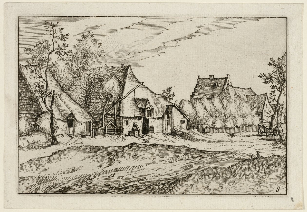 Quintas numa Aldeia, Prato oito depois de Fotos de Quintas, Casas de Campo e Aldeias Rústicas (Praediorum villarum et rusticarum casularum icones) de Claes Jansz. Visscher II