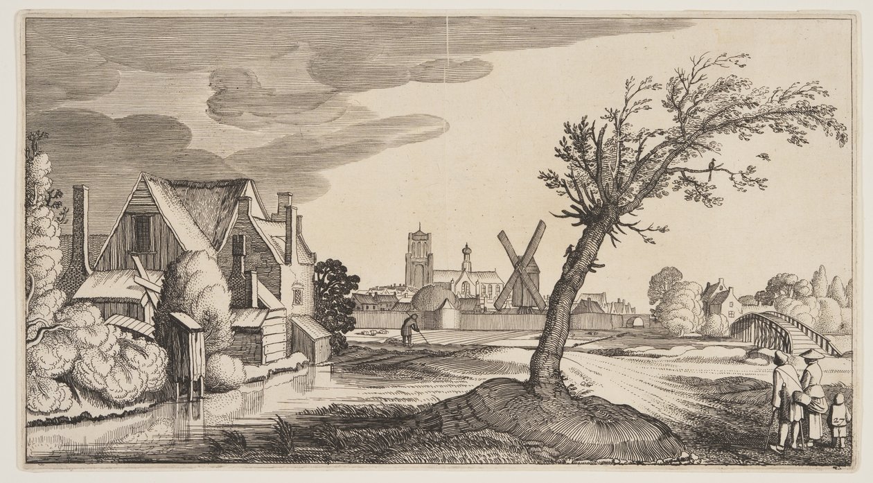 Casa numa lagoa fora de uma cidade, de Paisagens (Playsante Lantschappen) de Claes Jansz. Visscher II