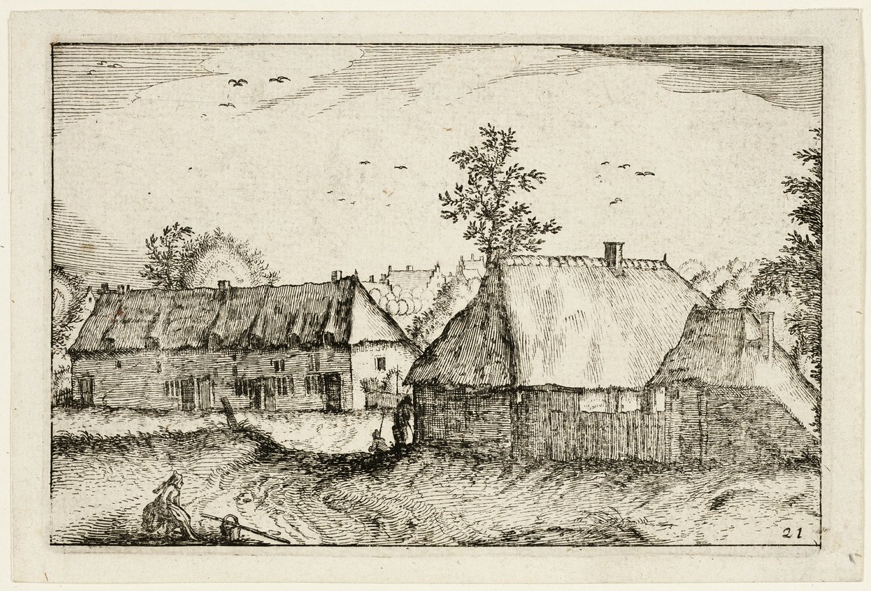 Grandes barracões, placa 21 depois de Quadros de quintas, casas de campo e aldeias rústicas (Praediorum villarum et rusticarum casularum icones) de Claes Jansz. Visscher II