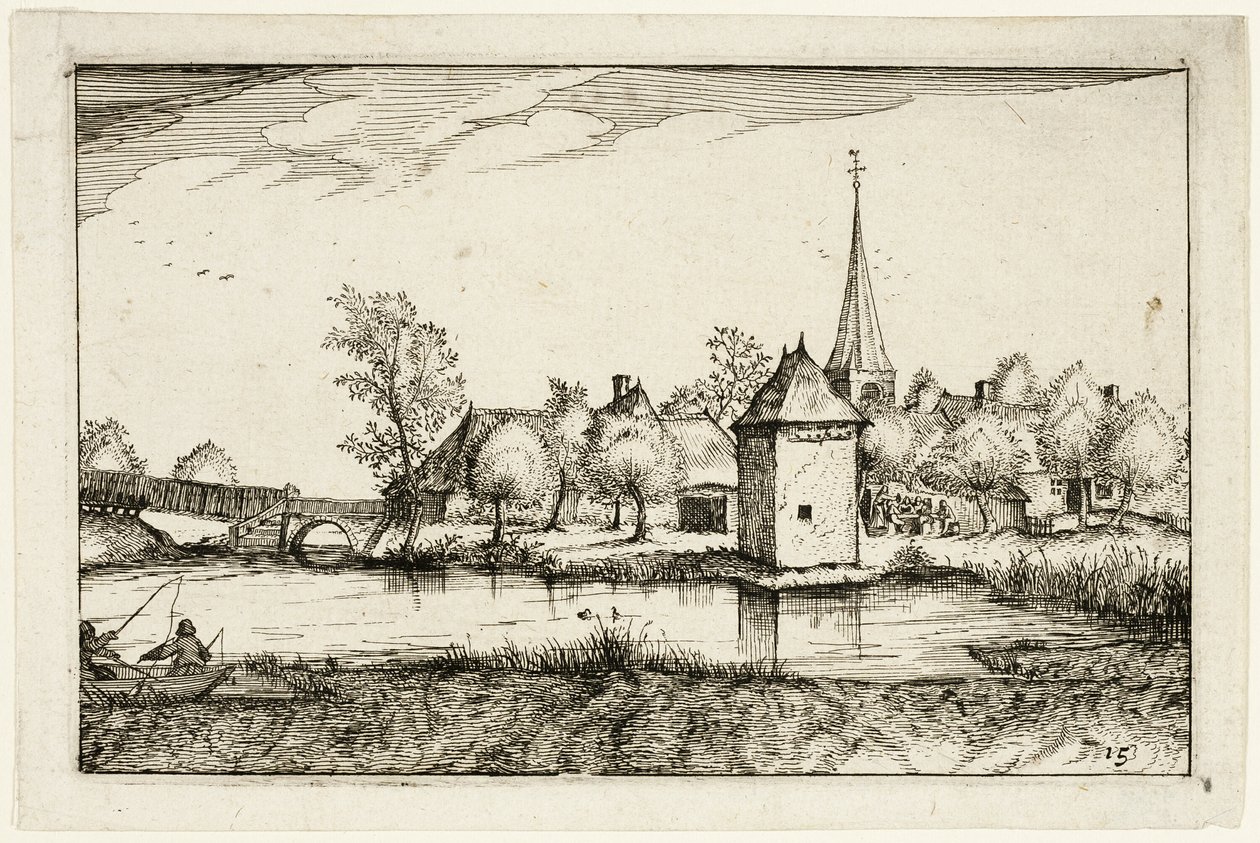 Lagoa e aldeia, placa quinze depois de Quadros de quintas, casas de campo e aldeias rústicas (Praediorum villarum et rusticarum casularum icones) de Claes Jansz. Visscher II