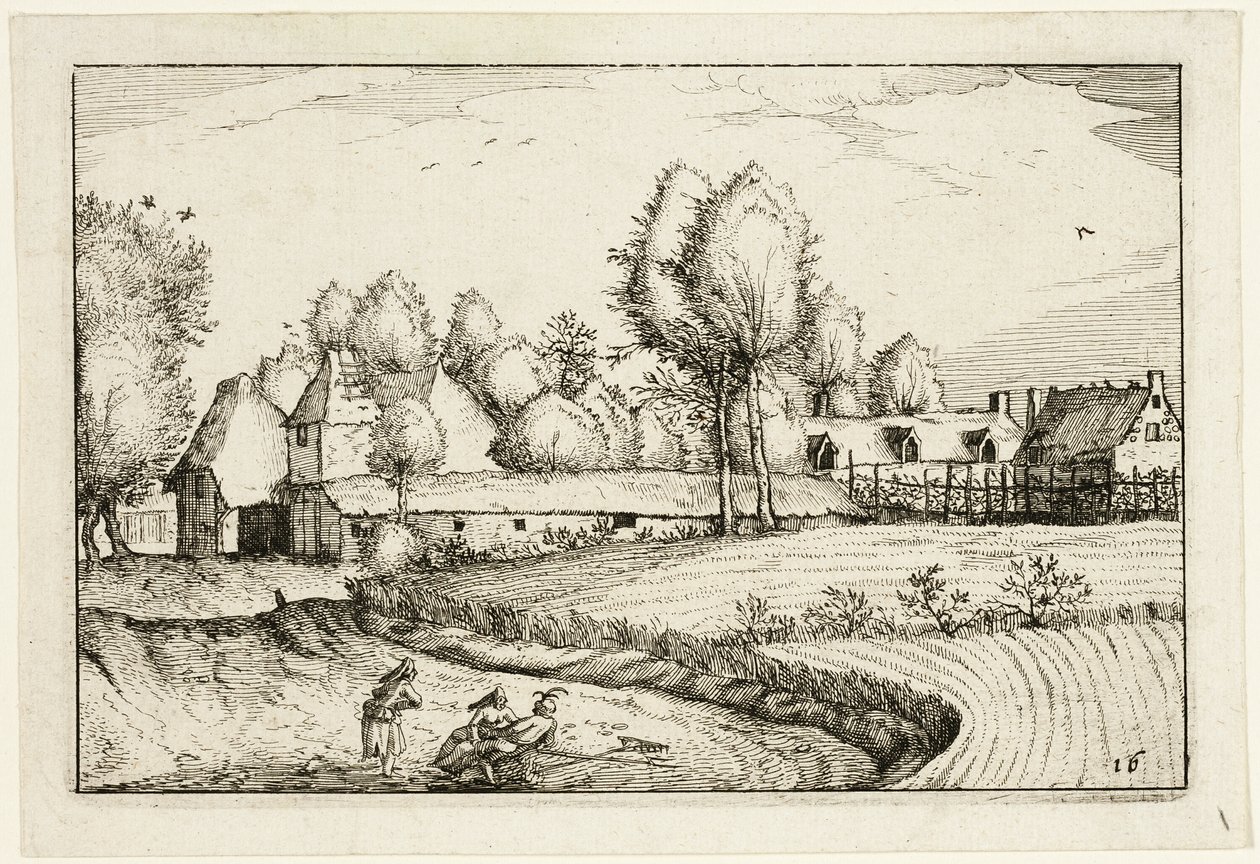 Estrada ao longo de um campo, placa dezasseis depois de Quadros de quintas, casas de campo e aldeias rústicas (Praediorum villarum et rusticarum casularum icones) de Claes Jansz. Visscher II