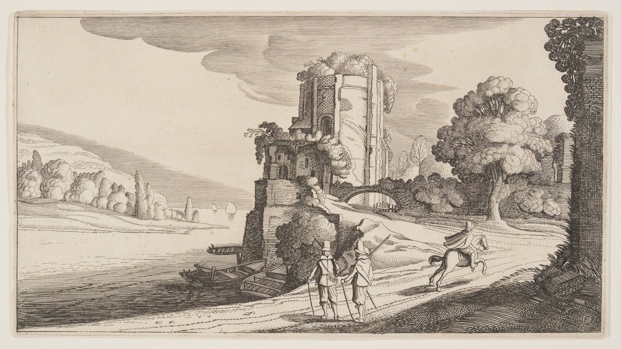 Torre redonda sobre um rio, de Paisagens (Playsante Lantschappen) de Claes Jansz. Visscher II