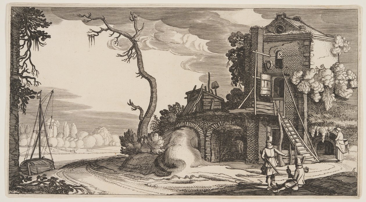 Torre quadrada usada como pousada perto de um rio, de Paisagens (Playsante Lantschappen) de Claes Jansz. Visscher II