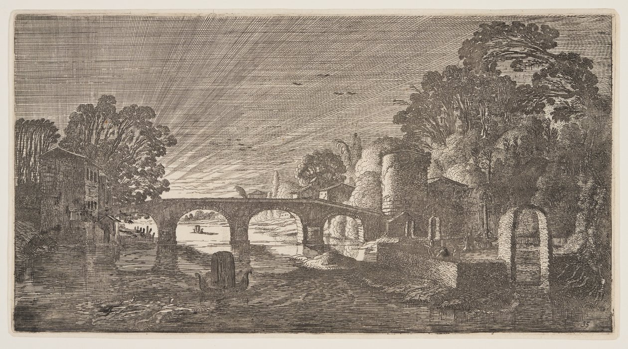 Pôr do sol sobre um rio, de Paisagens (Playsante Lantschappen) de Claes Jansz. Visscher II