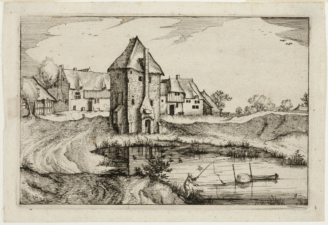 A lagoa, placa nove depois de Quadros de quintas, casas de campo e aldeias rústicas (Praediorum villarum et rusticarum casularum icones) de Claes Jansz. Visscher II