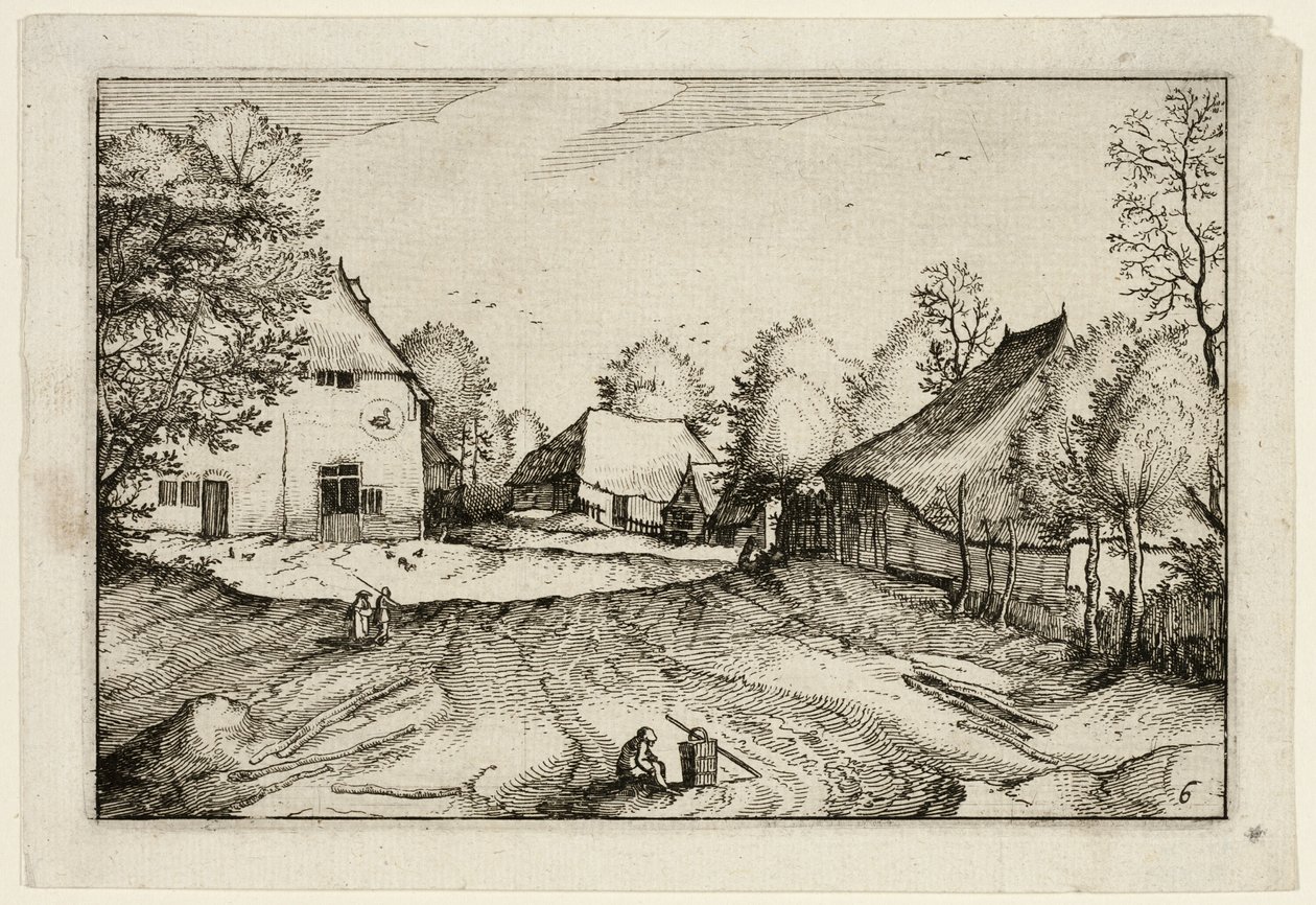 A estalagem de Swann, placa seis depois de Quadros de quintas, casas de campo e aldeias rústicas (Praediorum villarum et rusticarum casularum icones) de Claes Jansz. Visscher II