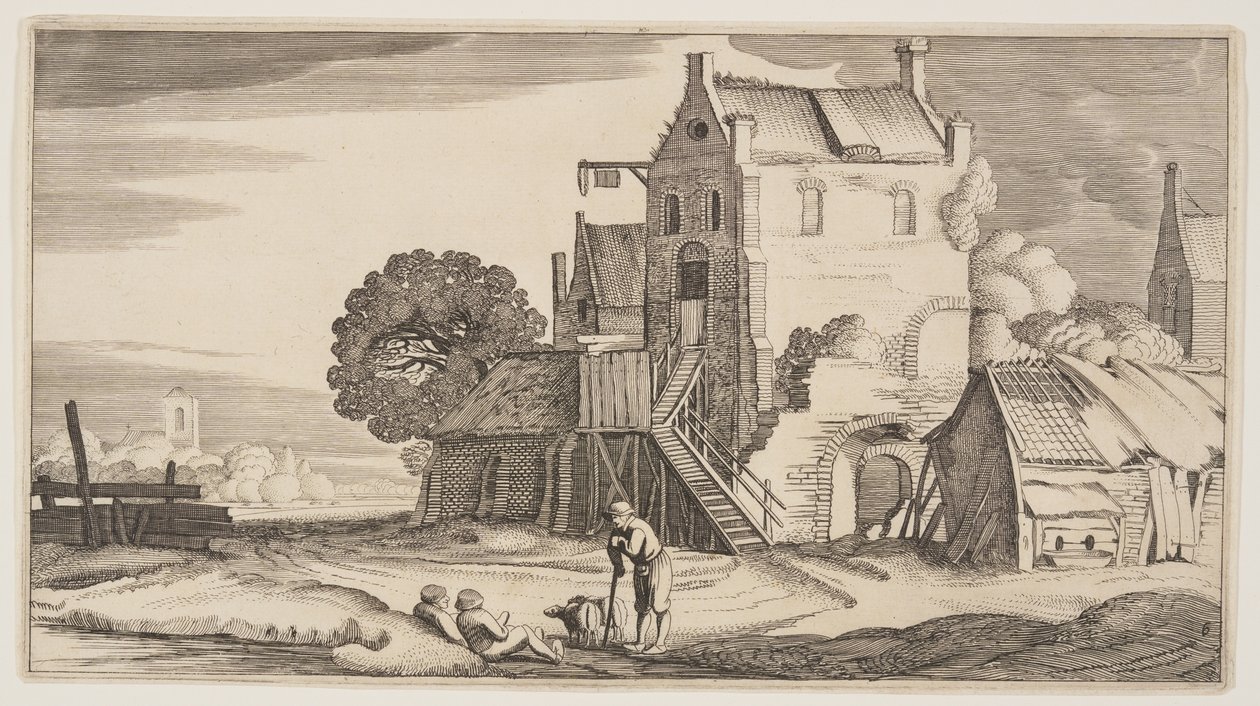 Três figuras em conversa perto de uma estalagem, de Paisagens (Playsante Lantschappen) de Claes Jansz. Visscher II