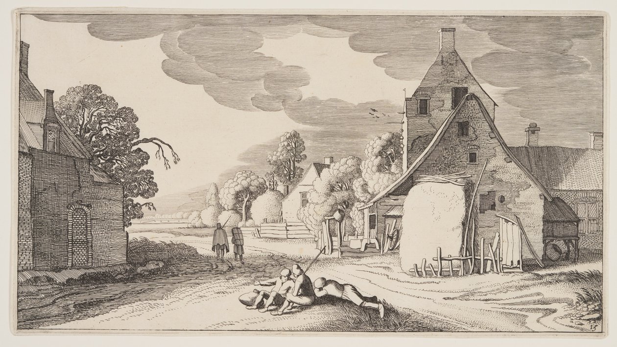 Três camponeses descansando num cruzamento de uma aldeia, de Paisagens (Playsante Lantschappen) de Claes Jansz. Visscher II