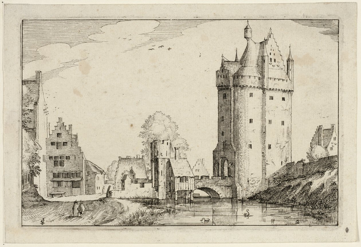 Porta da cidade, placa dois depois de Quadros de quintas, casas de campo e aldeias rústicas (Praediorum villarum et rusticarum casularum icones) de Claes Jansz. Visscher II