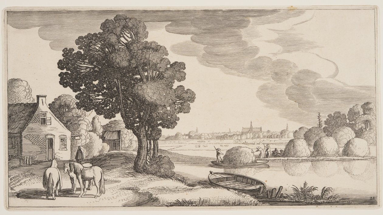 Transporte de feno num rio, de Landscapes (Playsante Lantschappen) de Claes Jansz. Visscher II