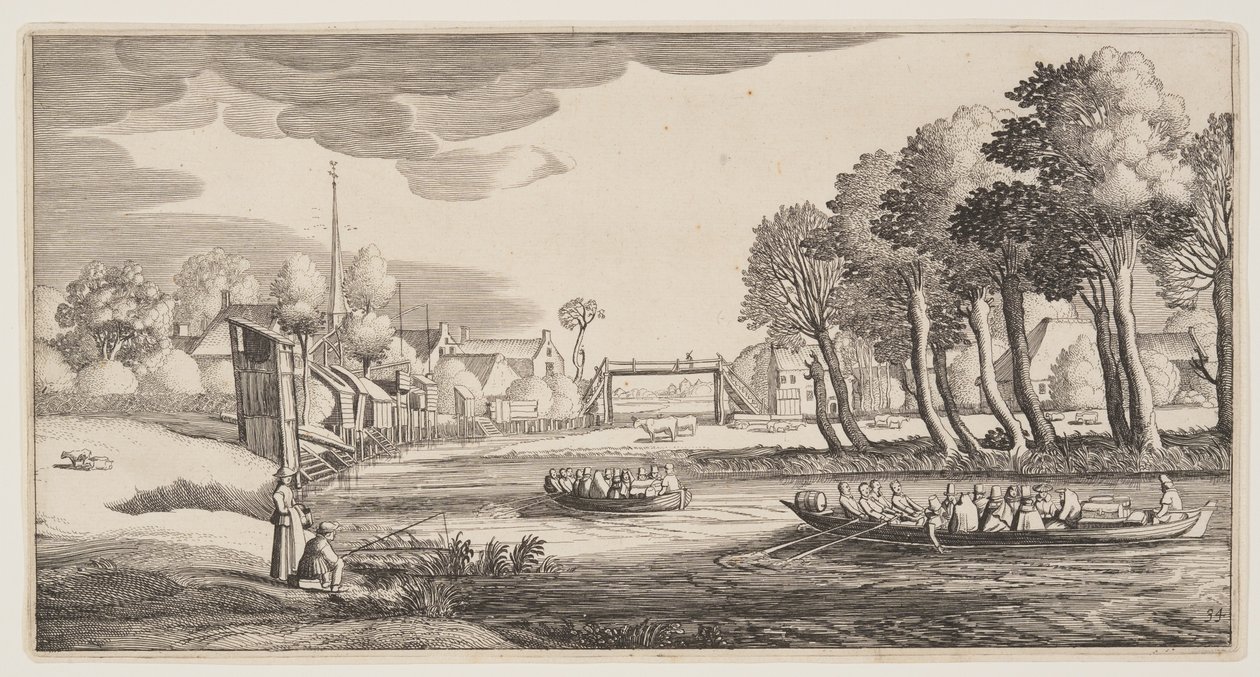 Viajantes em barcos a remos aproximam-se de uma aldeia, de Paisagens (Playsante Lantschappen) de Claes Jansz. Visscher II