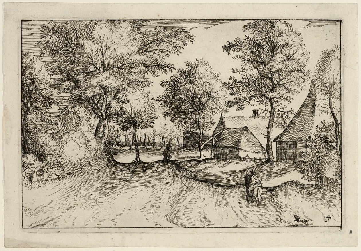 Village Road, placa quatro depois de Pictures of Farms, Country Houses and Rustic Villages (Praediorum villarum et rusticarum casularum icones) de Claes Jansz. Visscher II