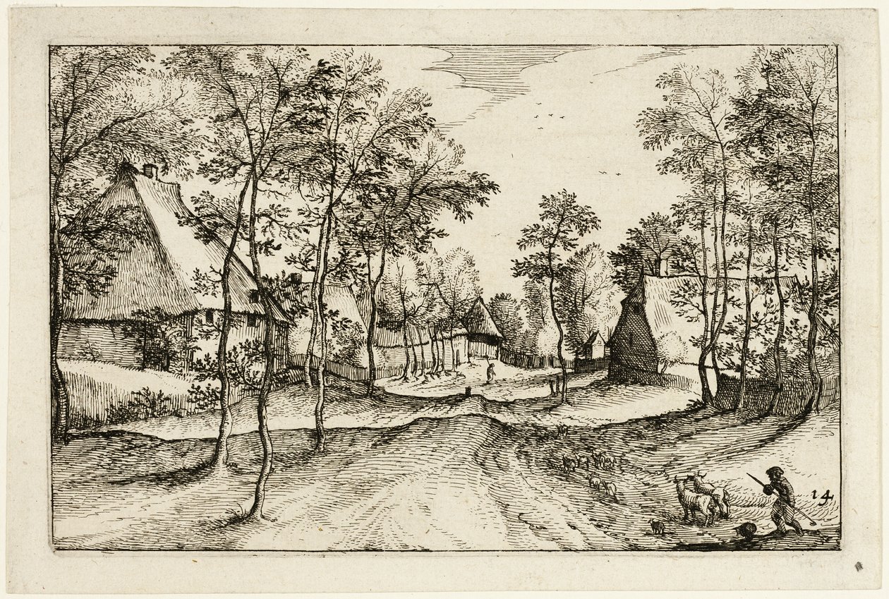 Village Road, placa catorze depois de Pictures of Farms, Country Houses and Rustic Villages (Praediorum villarum et rusticarum casularum icones) de Claes Jansz. Visscher II