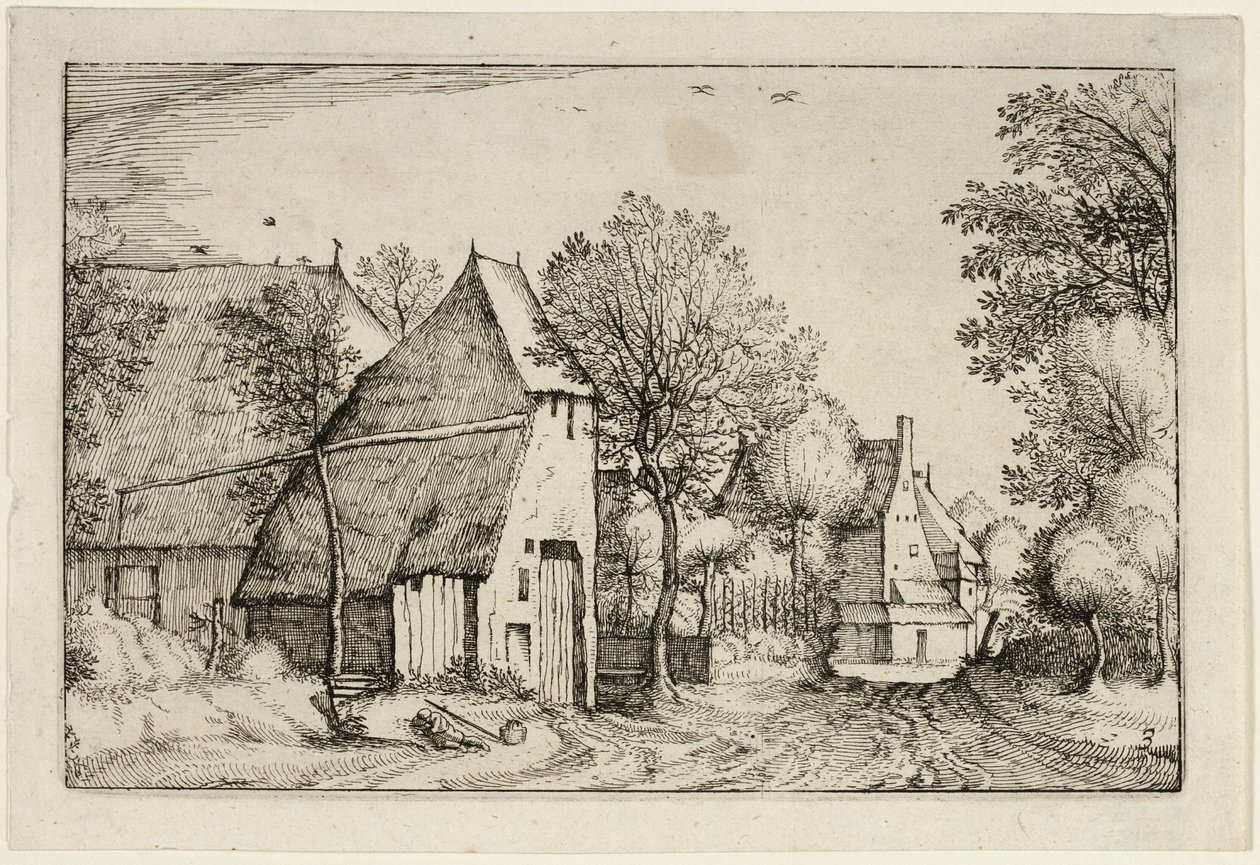 Village Road, placa três depois de Pictures of Farms, Country Houses and Rustic Villages (Praediorum villarum et rusticarum casularum icones) de Claes Jansz. Visscher II