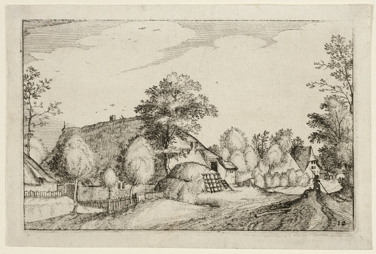 Village Road, placa doze depois de Pictures of Farms, Country Houses and Rustic Villages (Praediorum villarum et rusticarum casularum icones) de Claes Jansz. Visscher II