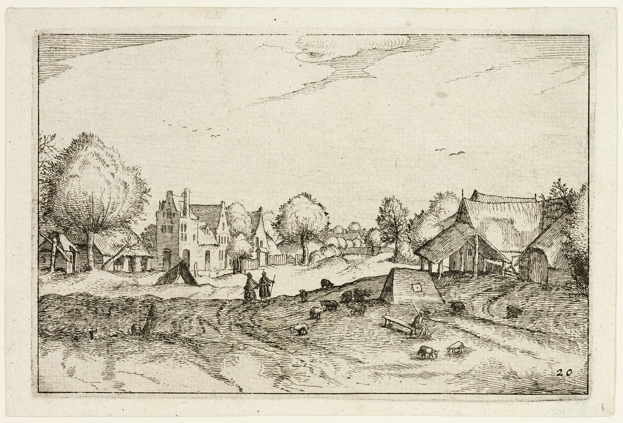 Village Road, placa vinte após Pictures of Farms, Country Houses and Rustic Villages (Praediorum villarum et rusticarum casularum icones) de Claes Jansz. Visscher II