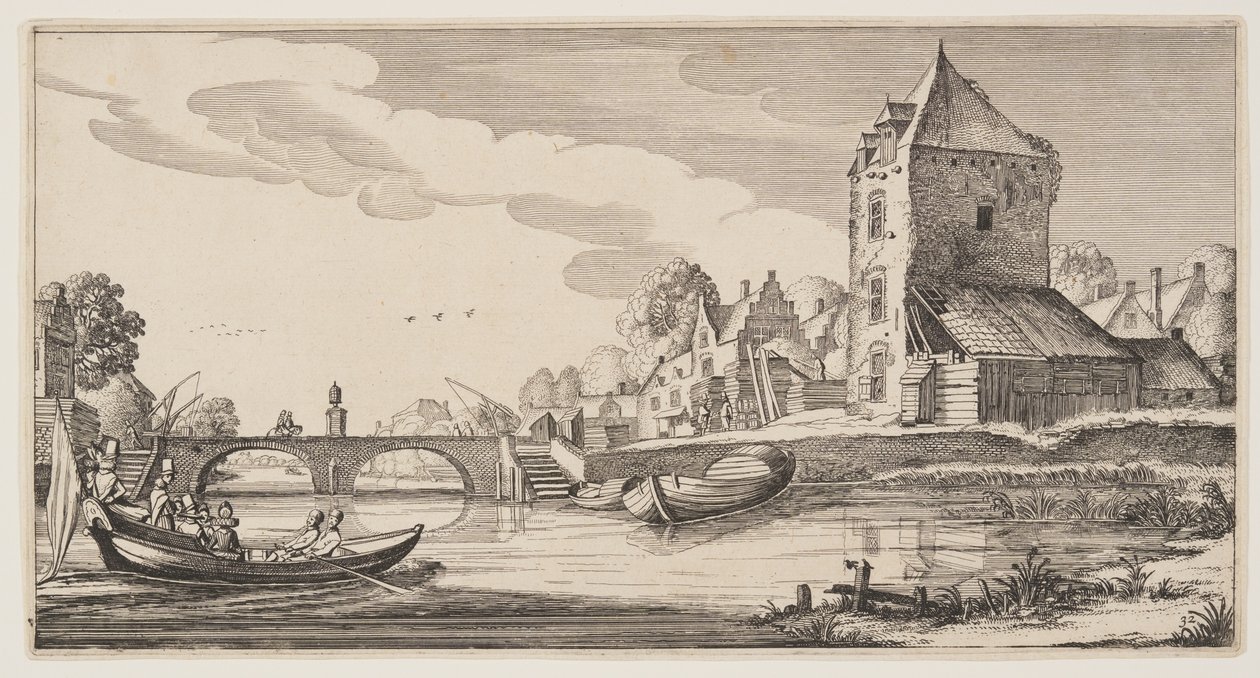 Aldeia sobre um rio, de Paisagens (Playsante Lantschappen) de Claes Jansz. Visscher II