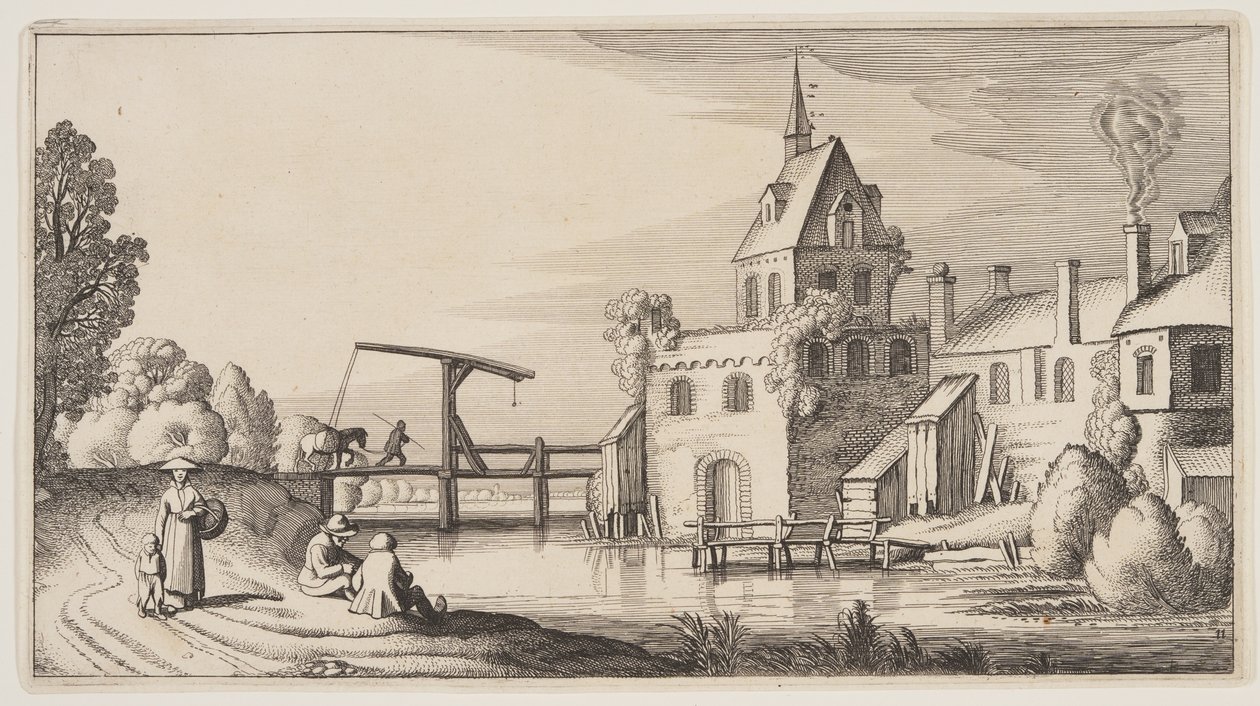 Aldeia sobre um rio, de Paisagens (Playsante Lantschappen) de Claes Jansz. Visscher II