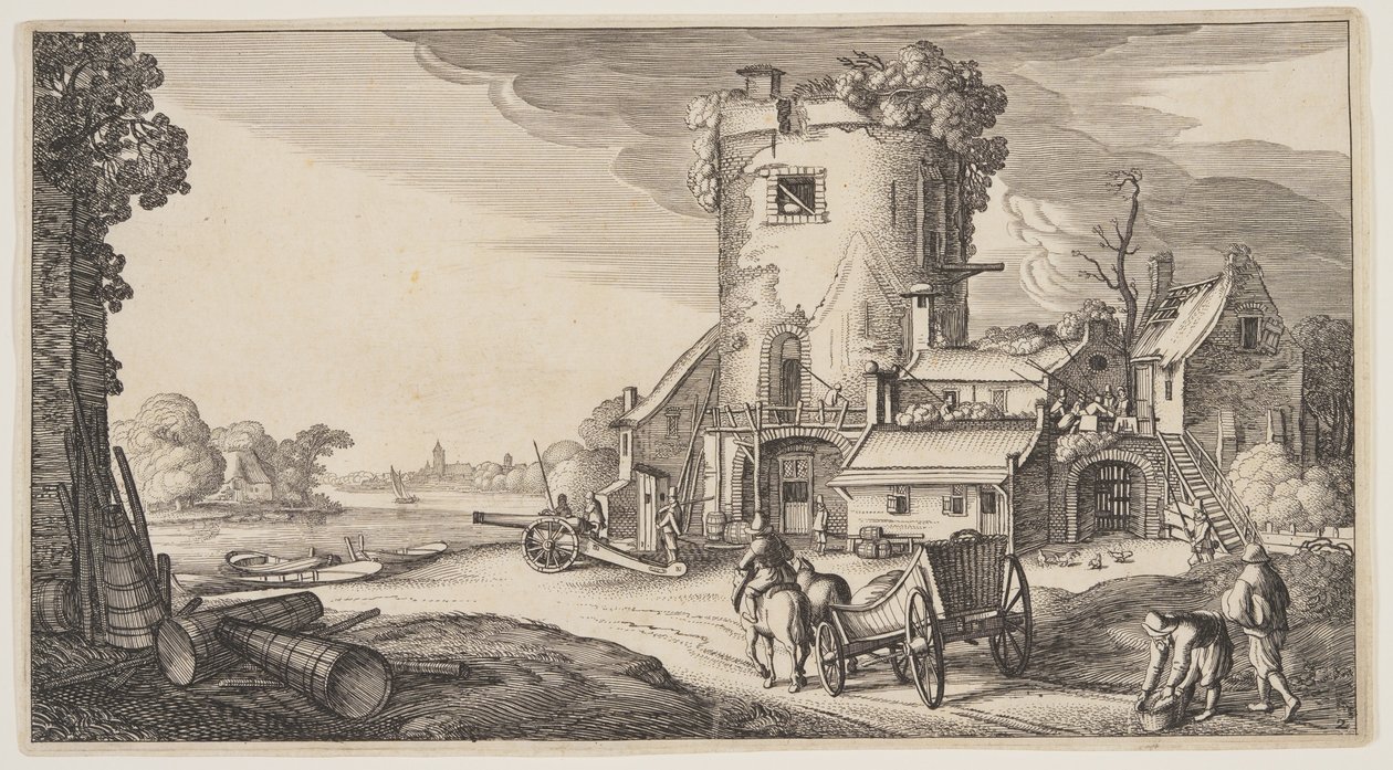 Torre de vigia perto de um rio, de Paisagens (Playsante Lantschappen) de Claes Jansz. Visscher II