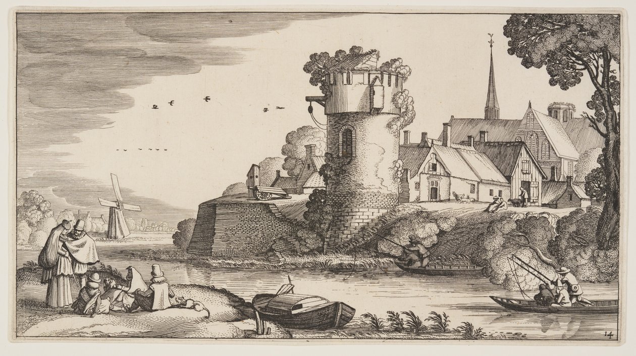 Torre de vigia junto a um rio, de Paisagens (Playsante Lantschappen) de Claes Jansz. Visscher II