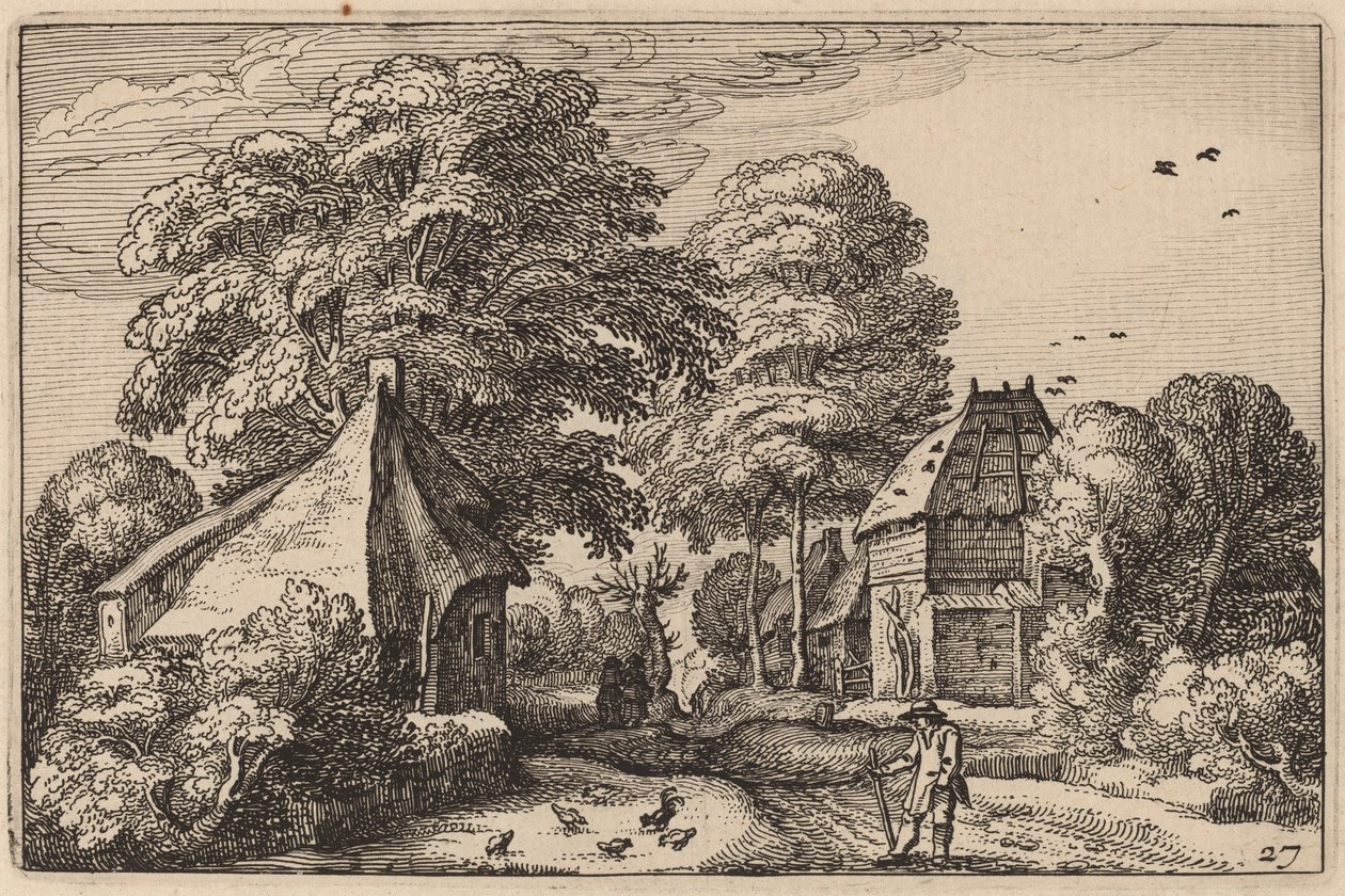 Estrada com celeiro e chalés de Claes Jansz Visscher after Johannes van Doetechum, the Elder after Lucas