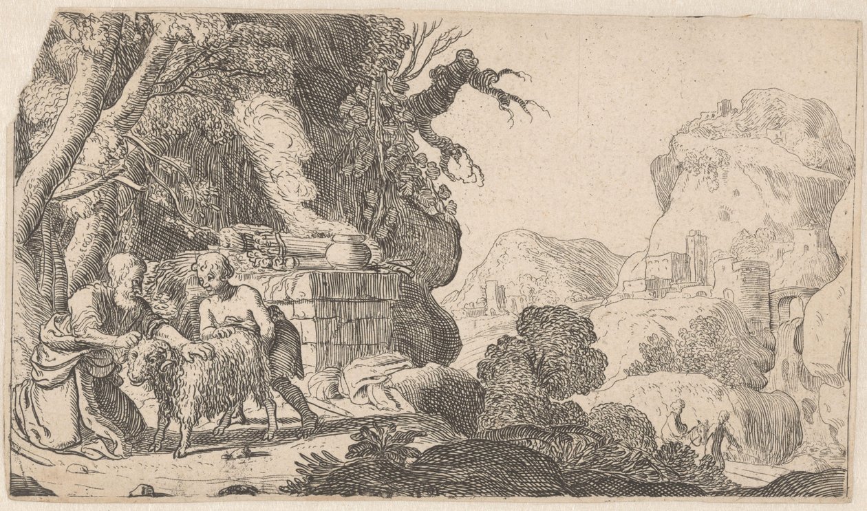 Abraão e Isaac com o carneiro sacrificial
História de Abraão (título da série) de Claes Moeyaert
