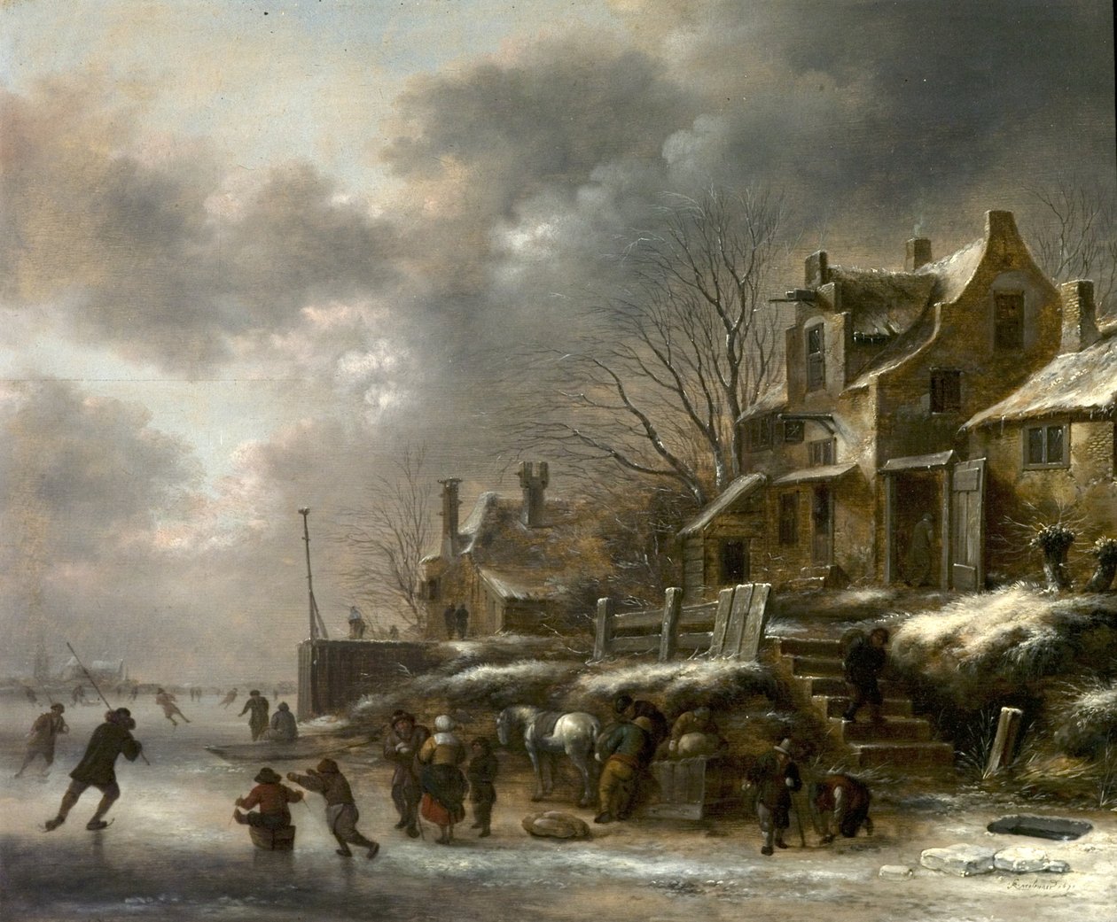 Cena de inverno, rio com figuras patinando, 1671 de Claes Molenaer