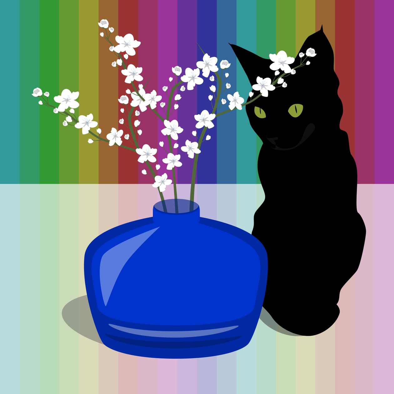 Vaso de vidro azul com flor e gato preto de Claire Huntley
