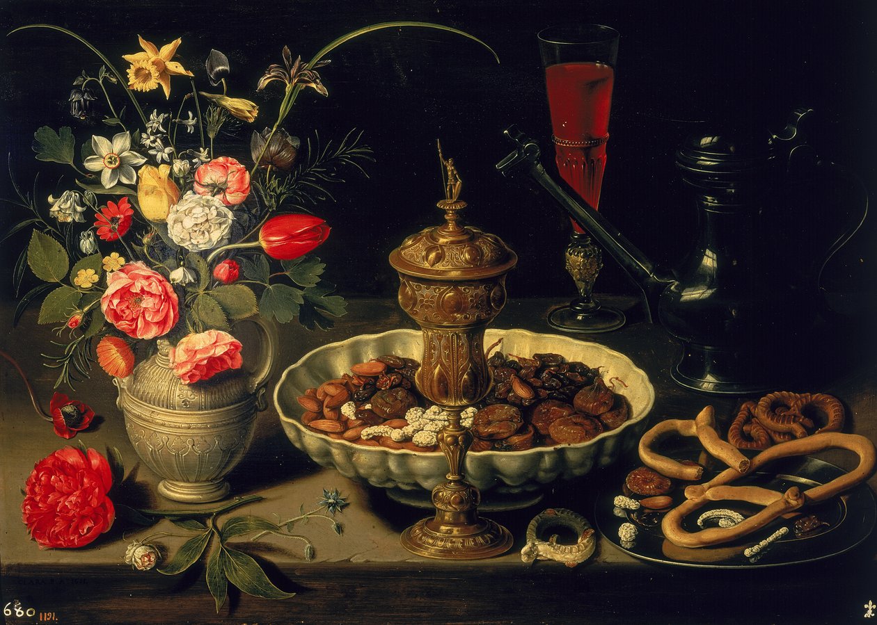 Ainda vida de flores e frutos secos, 1611 de Charlotte Evans