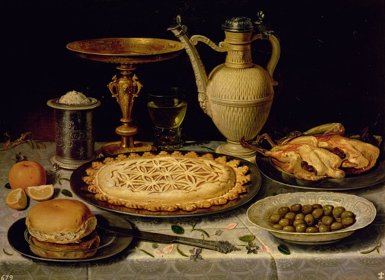Ainda vida com uma torta, frango assado, pão, arroz e azeitonas de Charlotte Evans