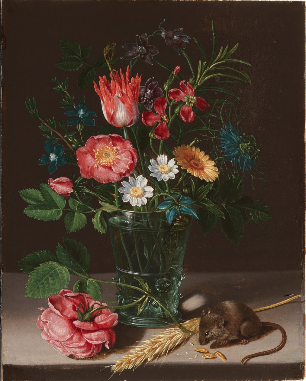 Flores em um vaso com um rato mordiscando. de Clara Peeters