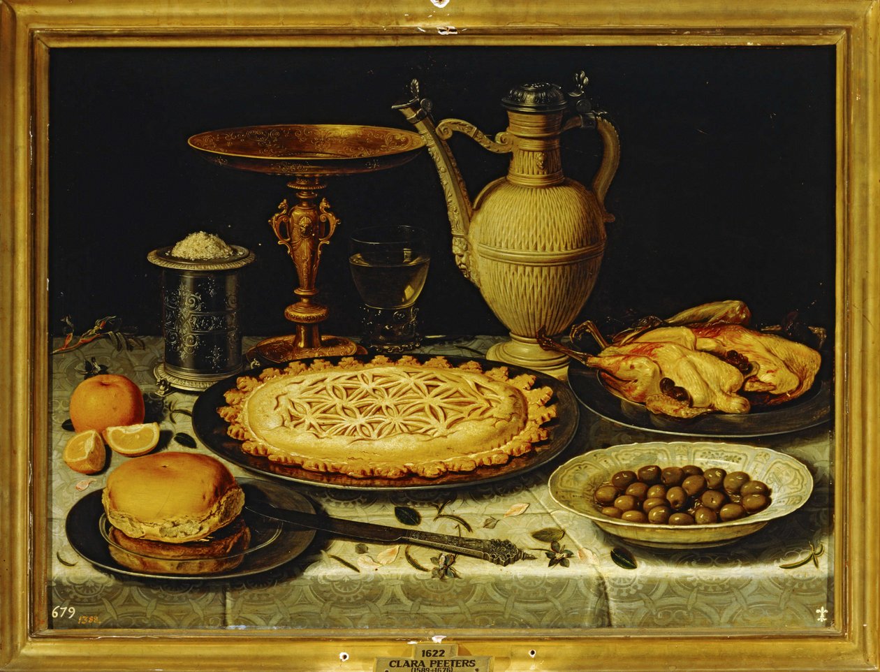 Natureza-morta - Refeição com frango assado, pão e azeitonas ... de Clara Peeters