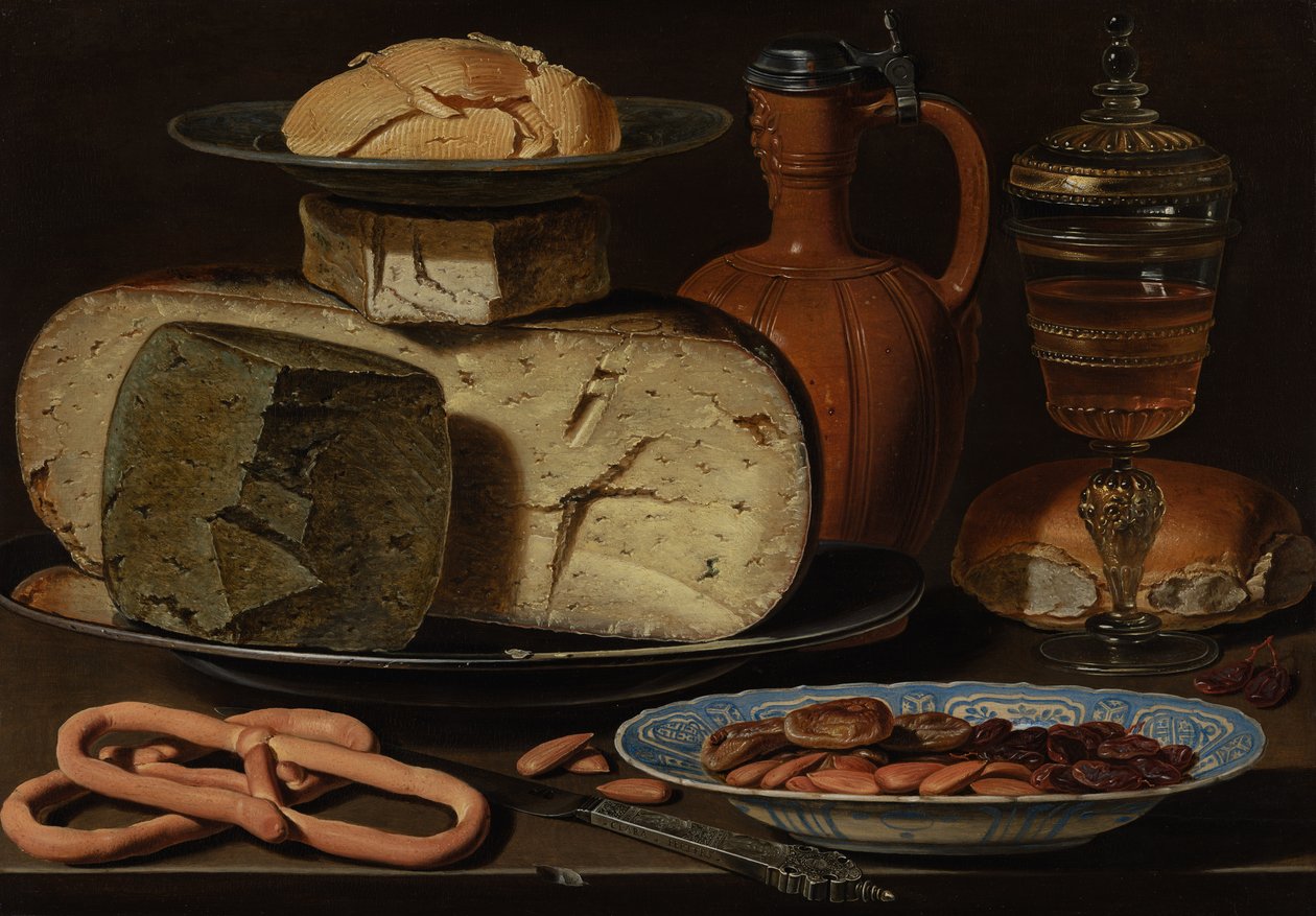 Ainda vida com queijos, amêndoas e Pretzels, c.1615 de Charlotte Evans