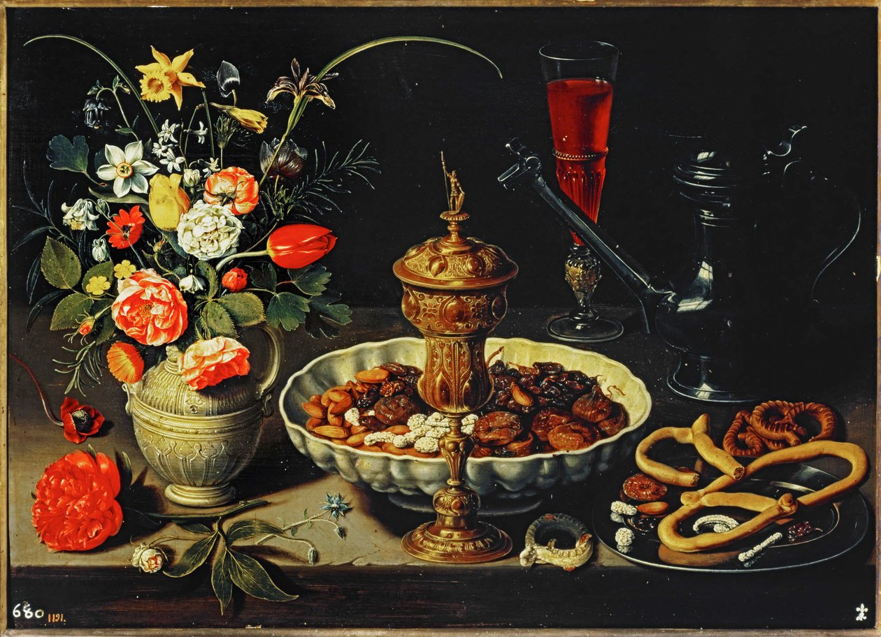 Mesa com jarro, flores, frutos secos ... de Clara Peeters