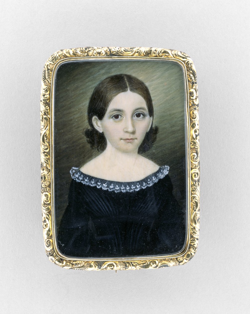 Retrato de uma menina, c.1845 (aquarela sobre marfim, dourado e vidro) de Clarissa Peters