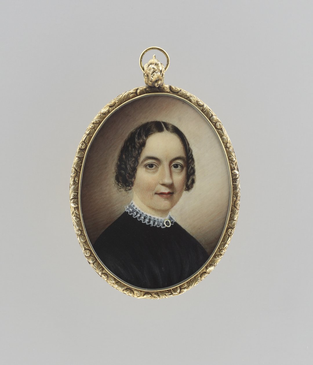 Retrato de mulher, c.1845 (aquarela sobre marfim, dourado e vidro) de Clarissa Peters