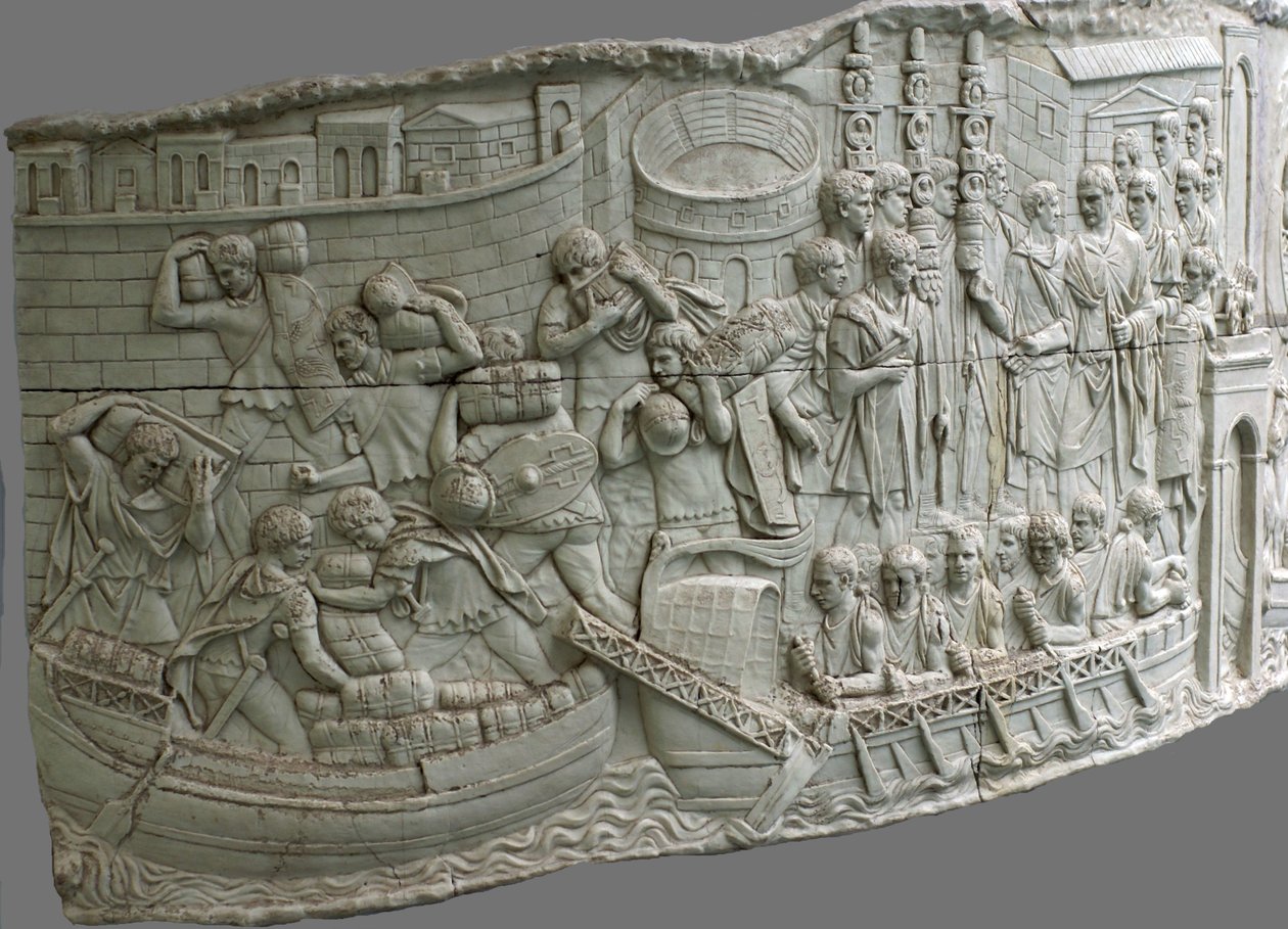 As galés romanas. Detalhe de relevo da coluna de Trajano, séculos I e II de Classical Antiquities