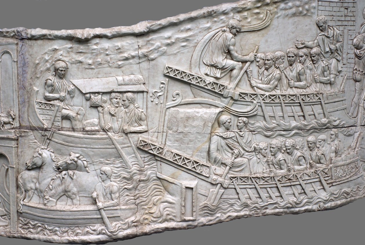 As galés romanas. Detalhe de relevo da coluna de Trajano, séculos I e II de Classical Antiquities