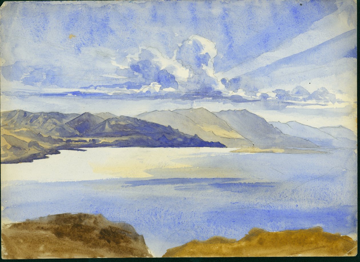 Vista do Mar Morto para o sul, 1875 (wc e lápis sobre papel) de Claude Conder