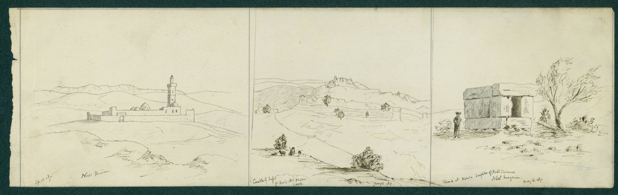 LR: Nebi Musa, Castelo de Safet e Tumba de Kalata, 1871 de Claude Conder