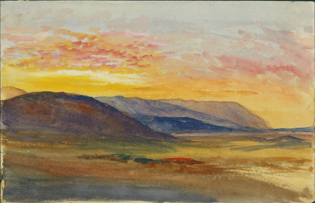 Monte Carmelo no outono, olhando para o oeste ao pôr do sol, 1872 (wc e lápis sobre papel) de Claude Conder
