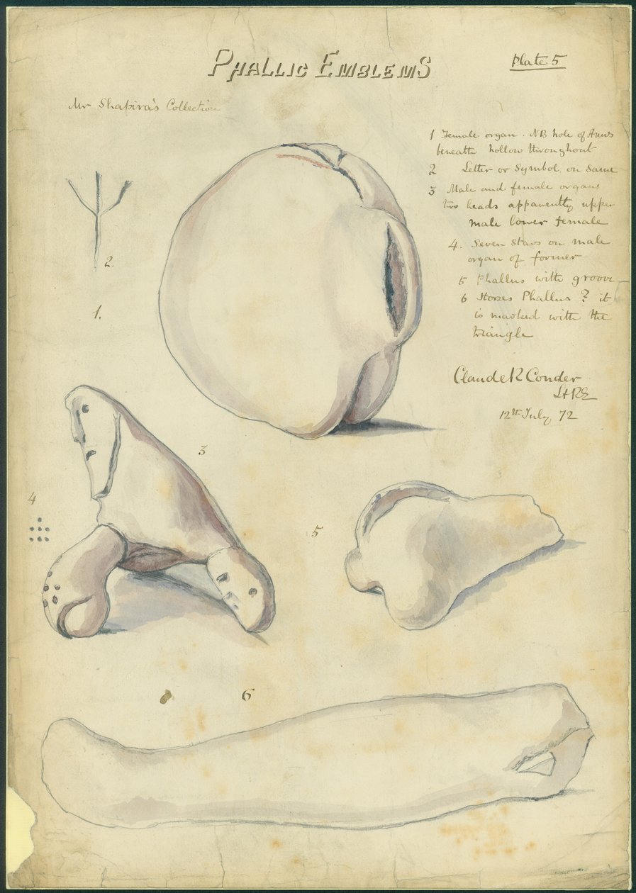 Emblemas fálicos, Coleção do Sr. Shapira, placa 5, 1872 (wc e lápis sobre papel) de Claude Conder