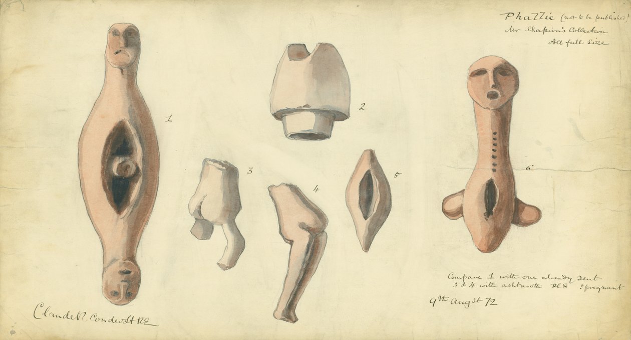 Emblemas fálicos da coleção do Sr. Shapira, 1872 (wc e lápis no papel) de Claude Conder